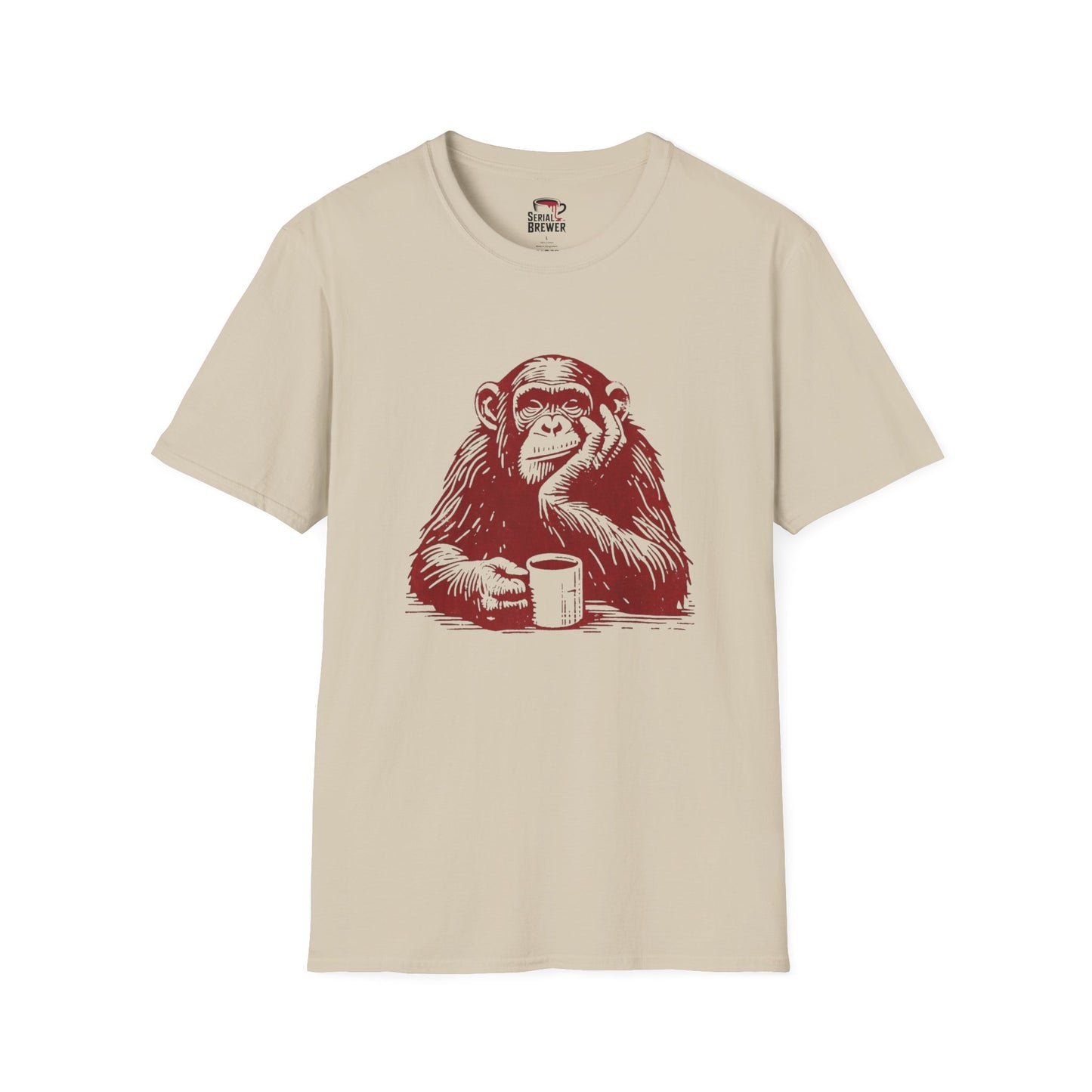 Pensive Monkey T-Shirt — Retro Chimp with Coffee Graphic Tee