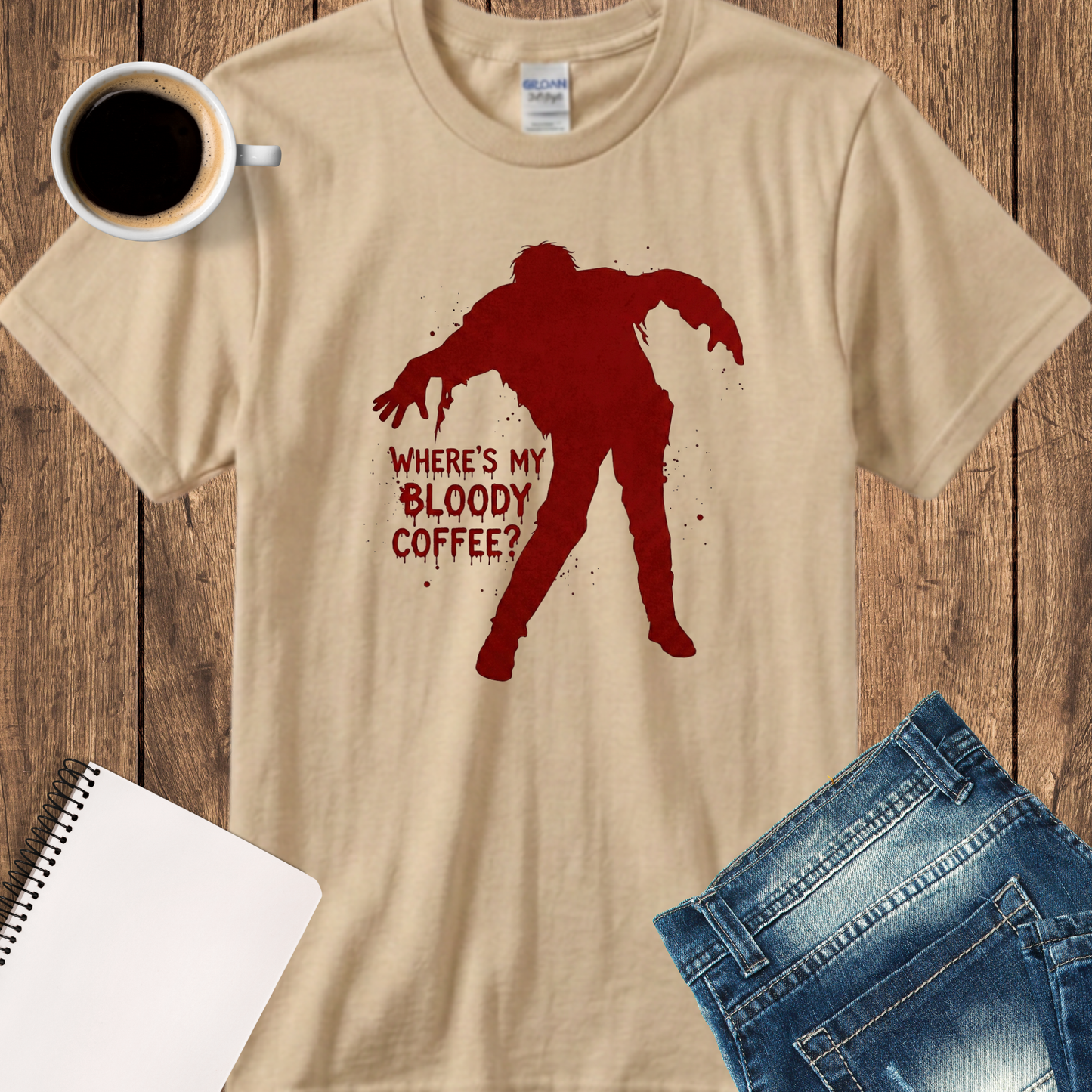 Zombie Silhouette T‑Shirt — “Where’s My Bloody Coffee?” Funny Horror Graphic Tee