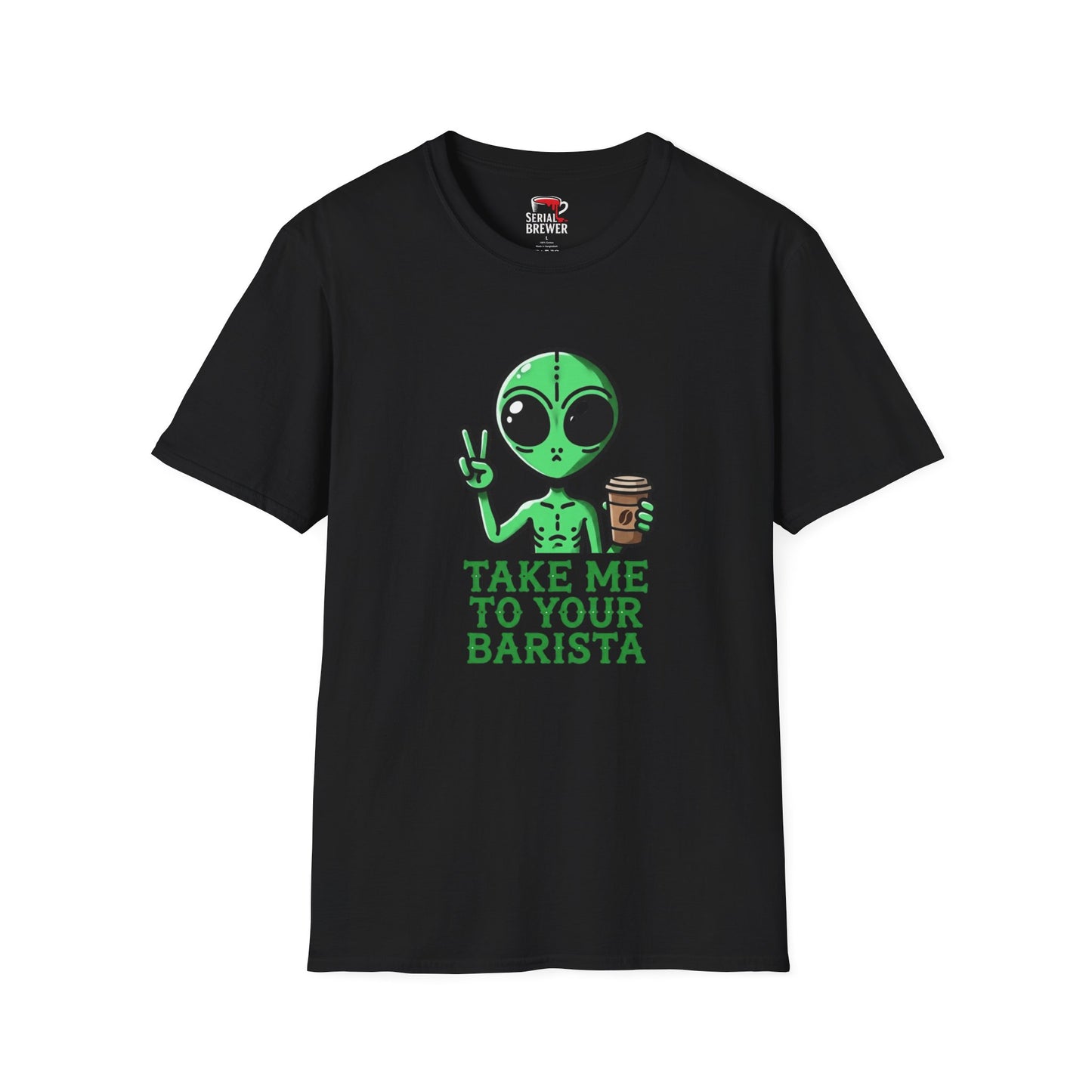 Alien Peace Sign Coffee T-Shirt — "Take Me To Your Barista" Graphic Tee