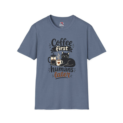 Coffee First T-Shirt — “Coffee First, Humans Later” Cute Cat Coffee Tee