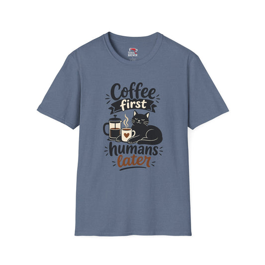 Coffee First T-Shirt — “Coffee First, Humans Later” Cute Cat Coffee Tee