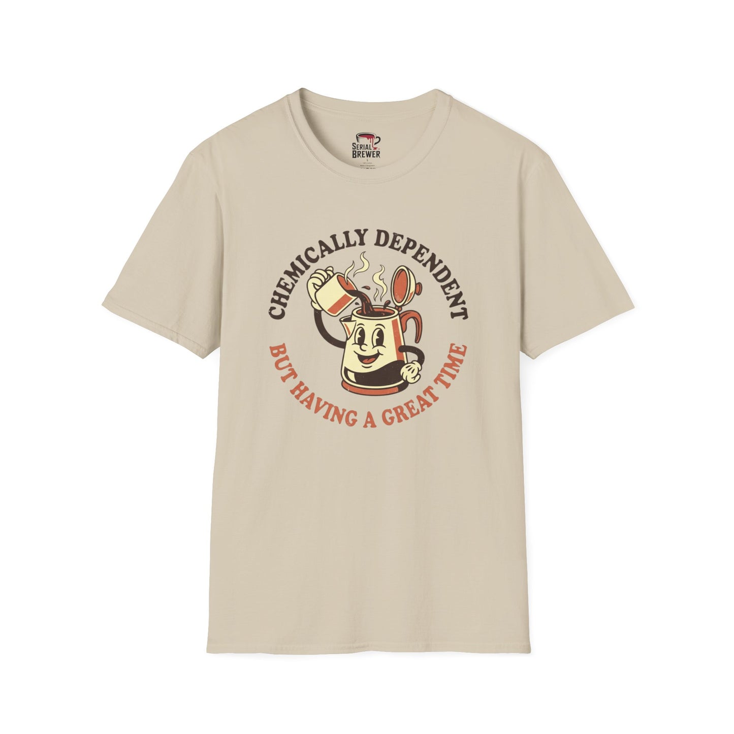 Chemically Dependent Coffee T-Shirt — "But Having a Great Time" Retro Coffee Cartoon Tee