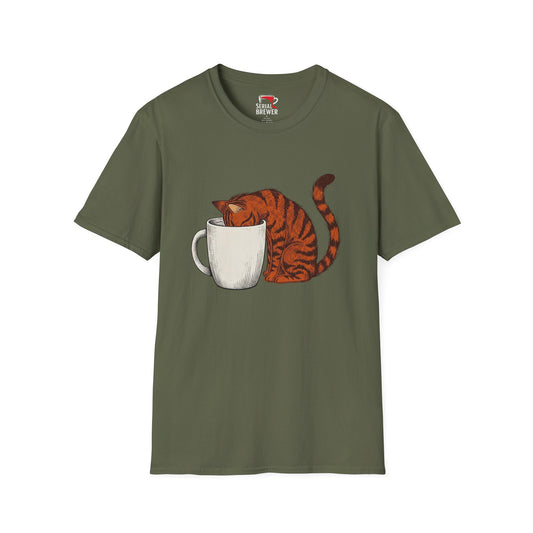 Cat & Coffee T-Shirt — Ginger Cat Napping in Mug Tee