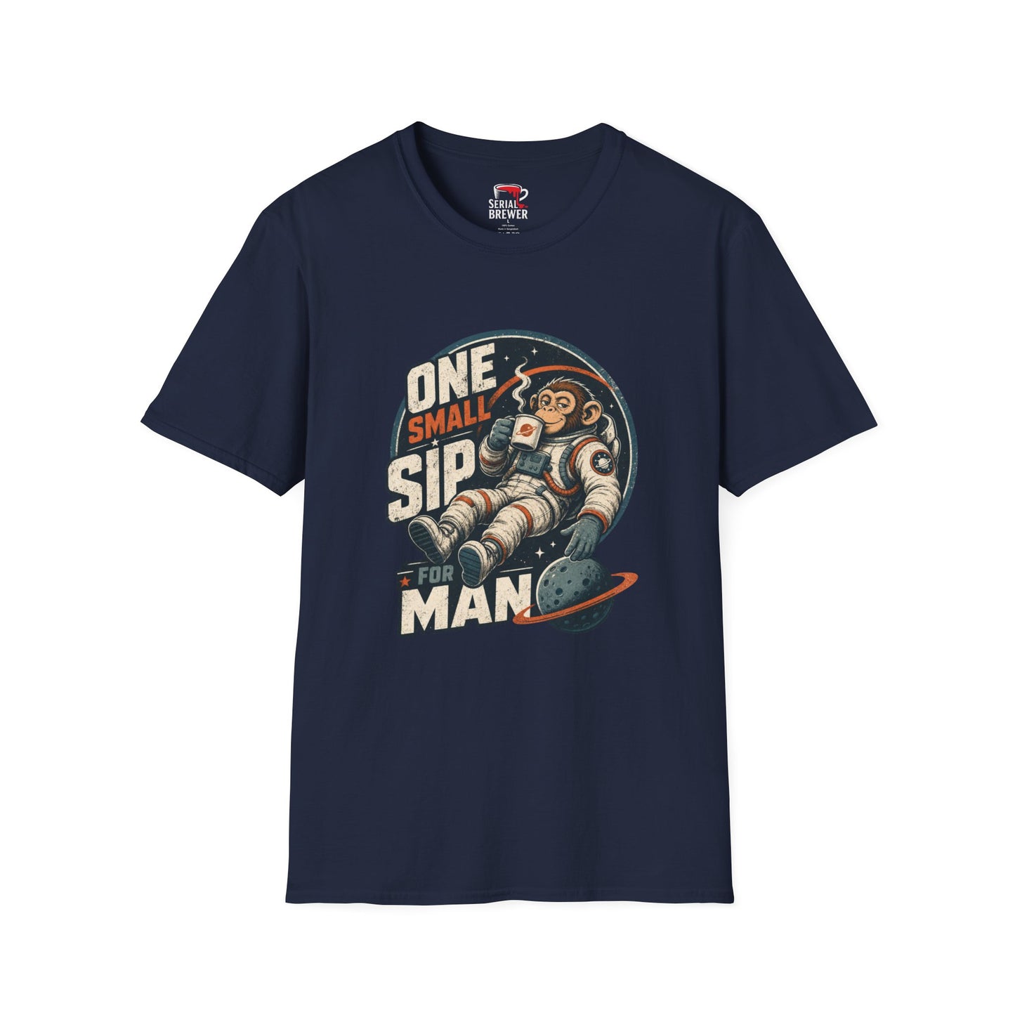 One Small Sip For Man T-Shirt — Retro Astronaut Monkey Coffee Tee