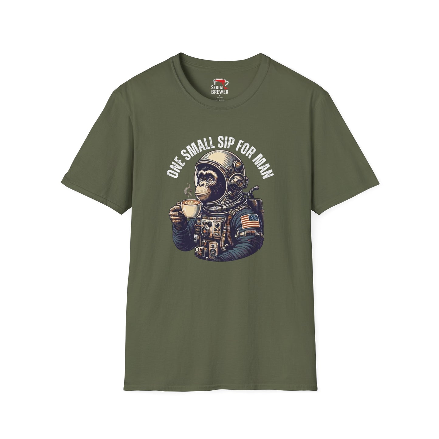 T-Shirt — "One Small Sip for Man" Astronaut Monkey Coffee Tee
