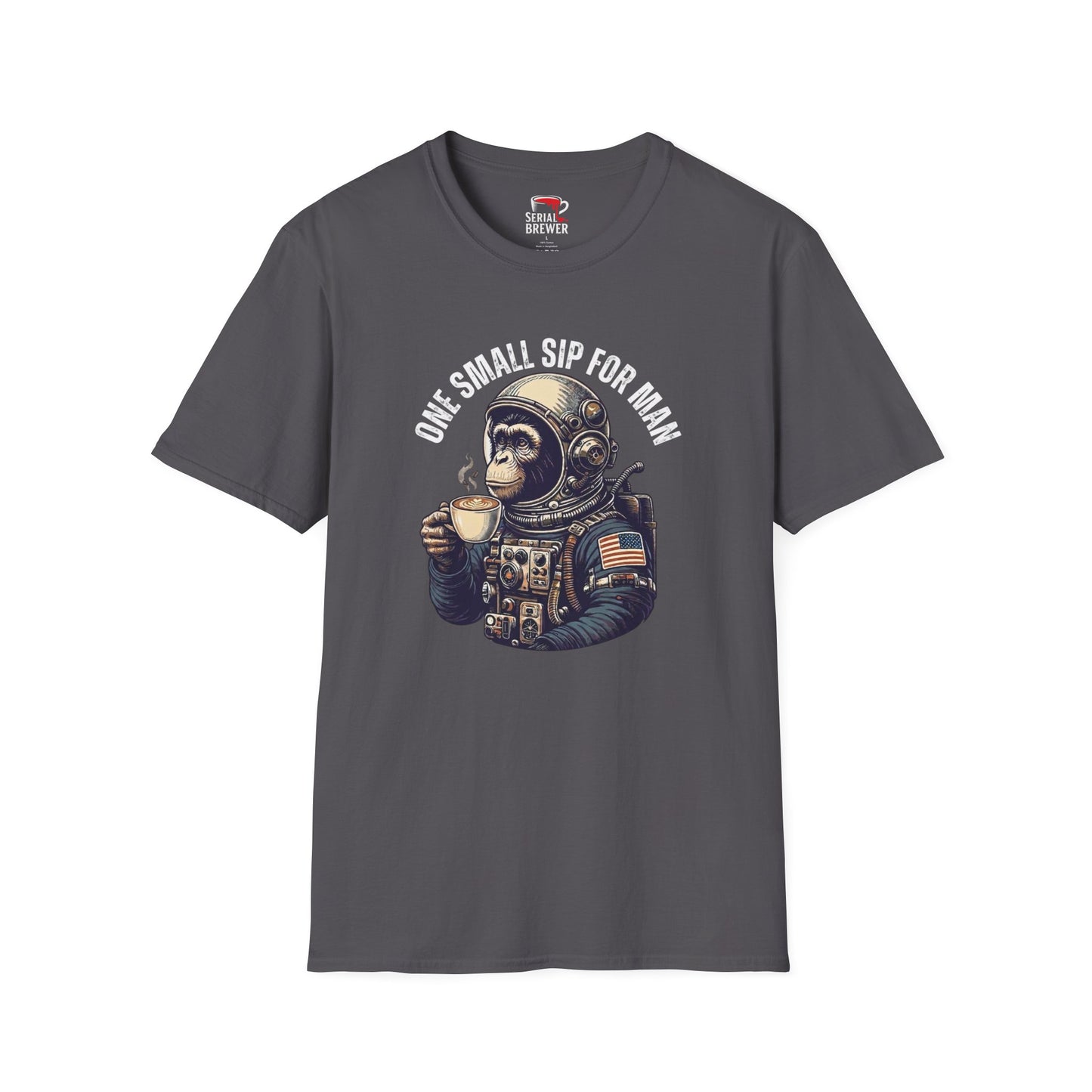 T-Shirt — "One Small Sip for Man" Astronaut Monkey Coffee Tee