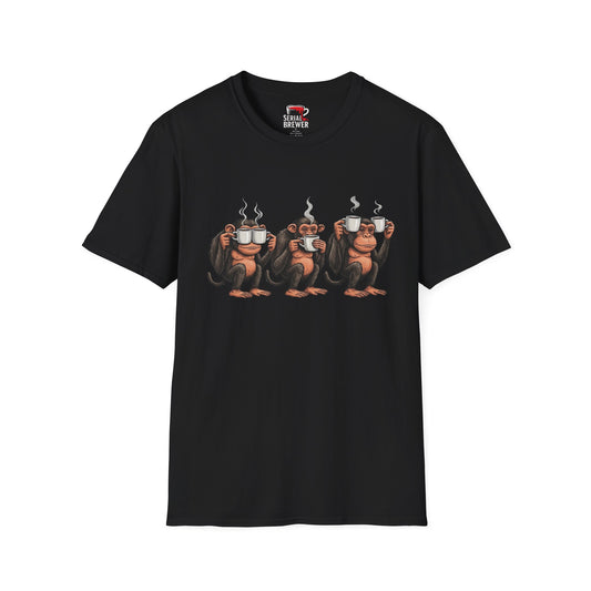Coffee Monkeys T-Shirt — Funny Three Monkeys Holding Steaming Mugs Graphic Tee