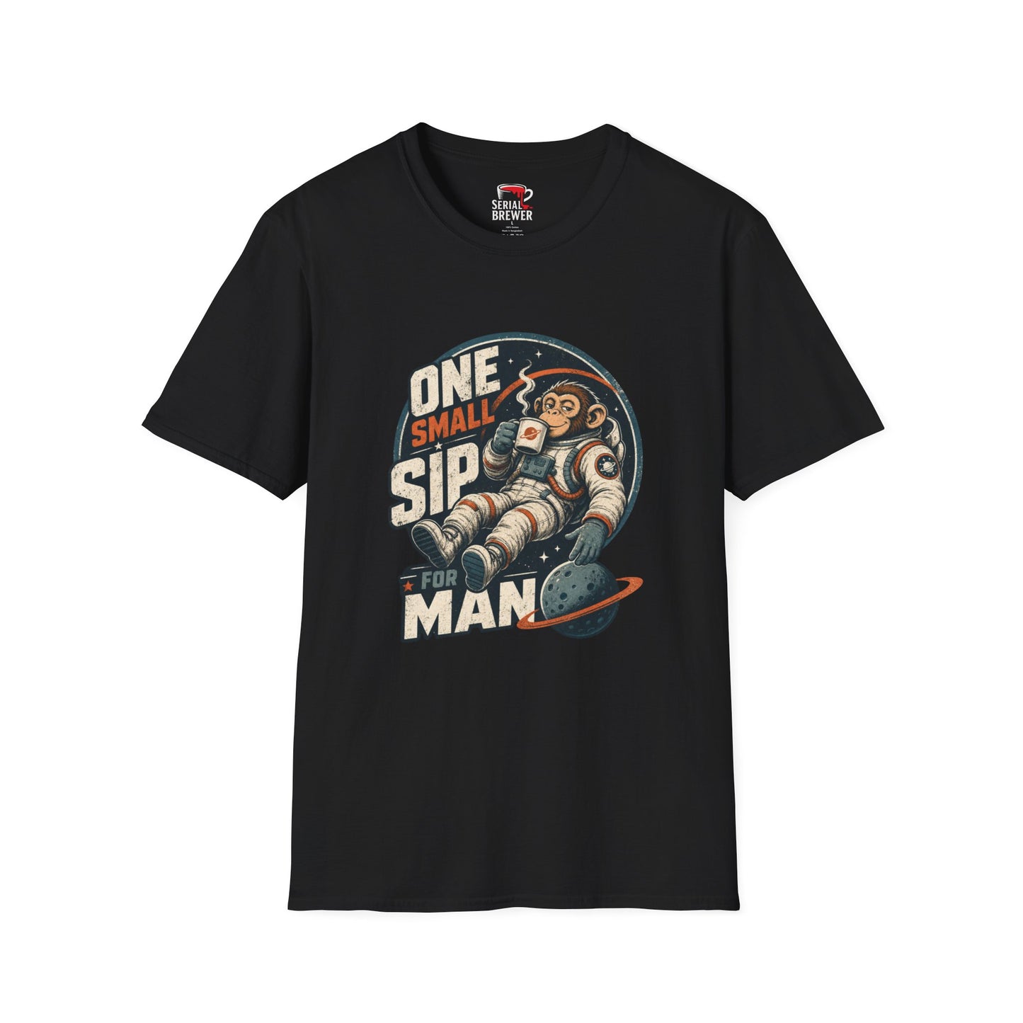 One Small Sip For Man T-Shirt — Retro Astronaut Monkey Coffee Tee