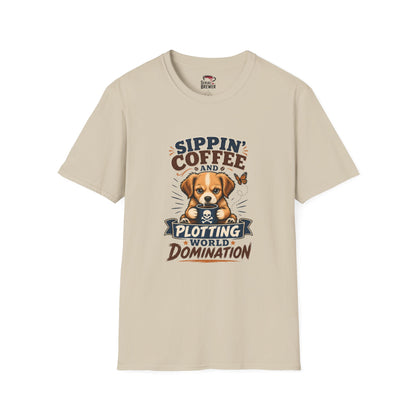 Coffee & Cute Puppy T-Shirt — “Sippin' Coffee and Plotting World Domination” Graphic Tee