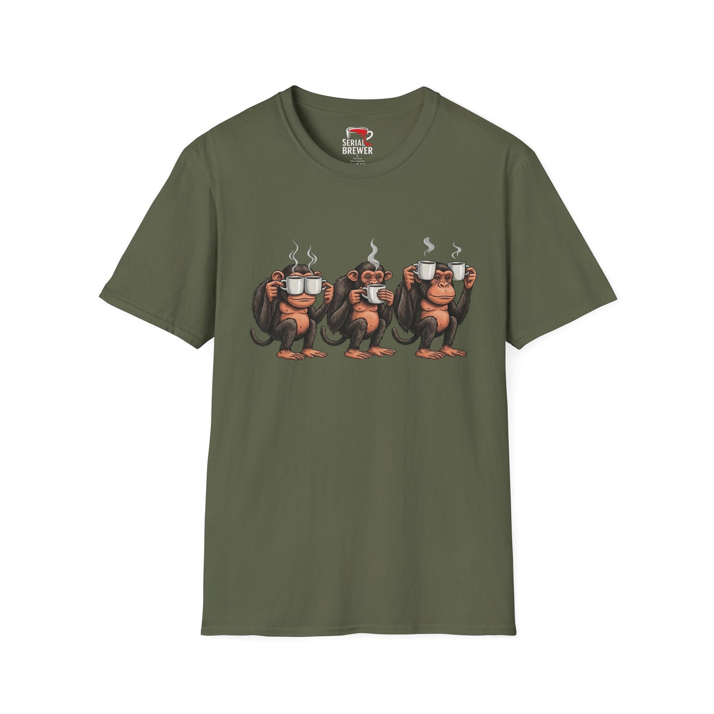 Coffee Monkeys T-Shirt — Funny Three Monkeys Holding Steaming Mugs Graphic Tee