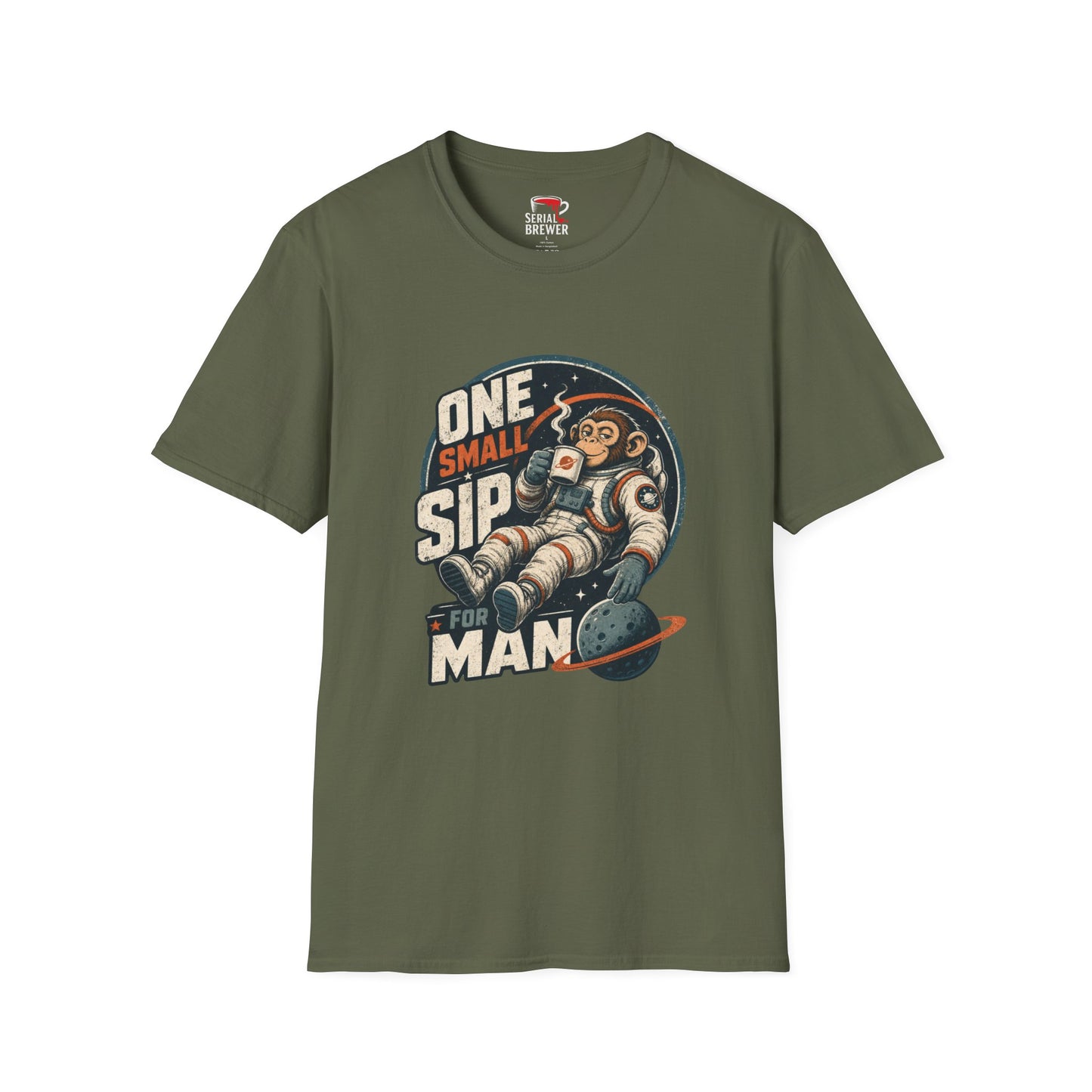 One Small Sip For Man T-Shirt — Retro Astronaut Monkey Coffee Tee