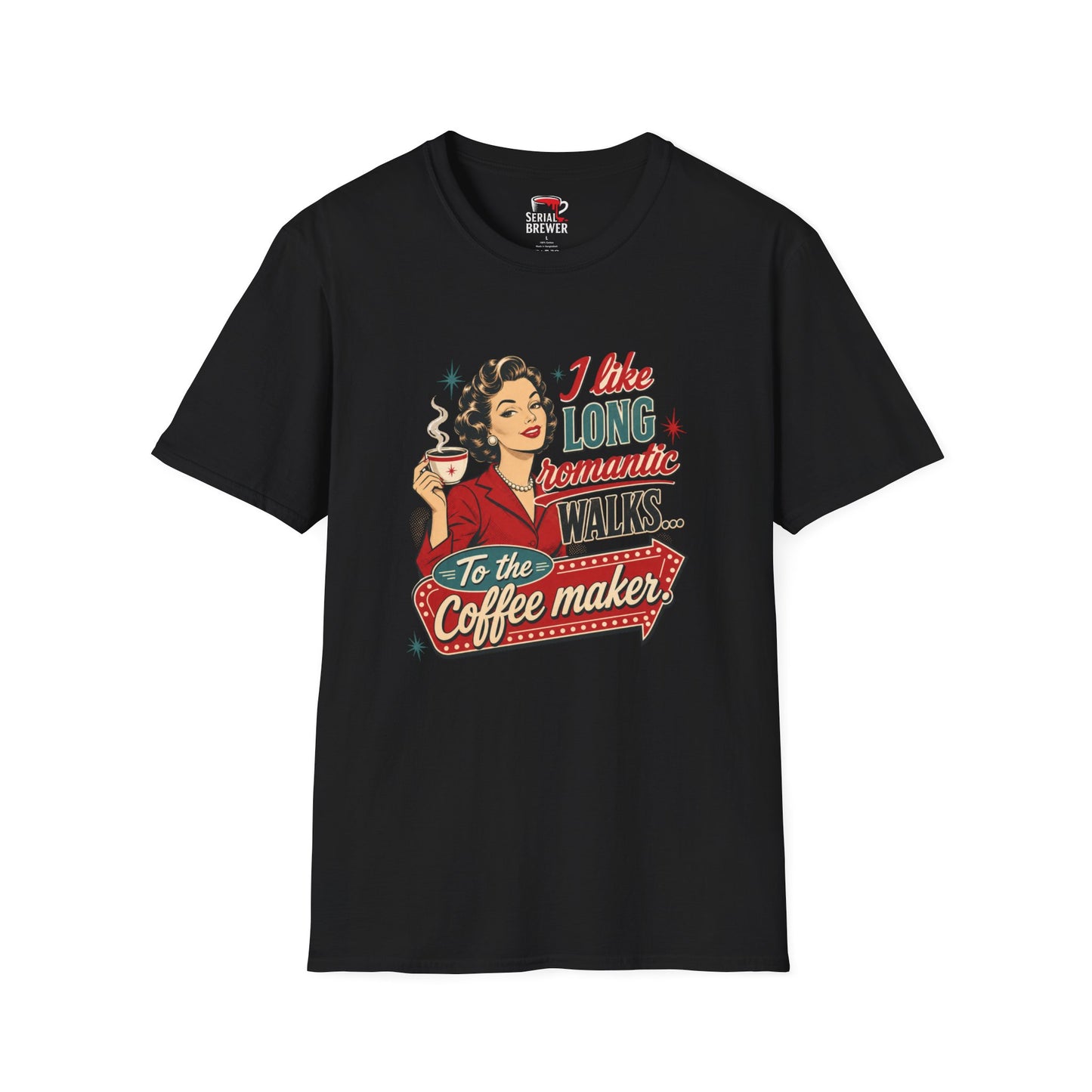 Coffee Lover Retro Tee — “I like long romantic walks… to the coffee maker”
