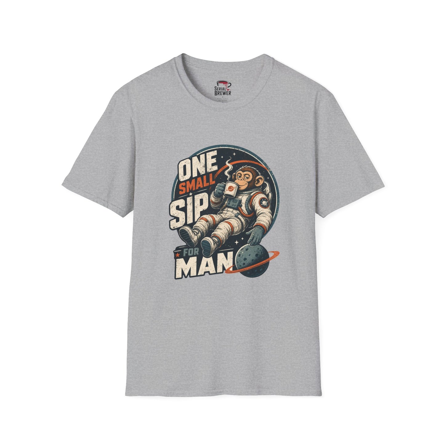 One Small Sip For Man T-Shirt — Retro Astronaut Monkey Coffee Tee
