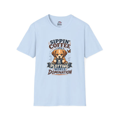 Coffee & Cute Puppy T-Shirt — “Sippin' Coffee and Plotting World Domination” Graphic Tee