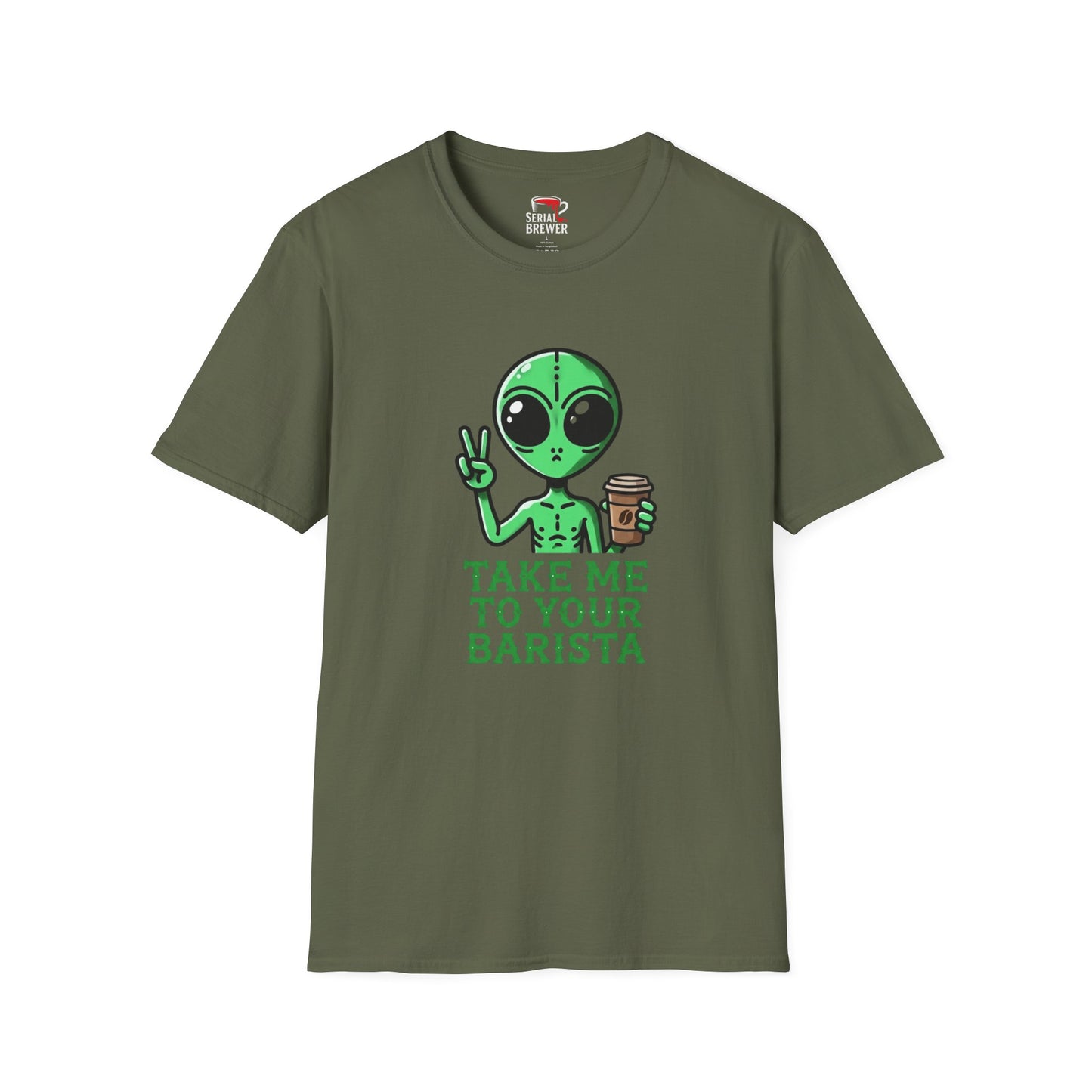 Alien Peace Sign Coffee T-Shirt — "Take Me To Your Barista" Graphic Tee