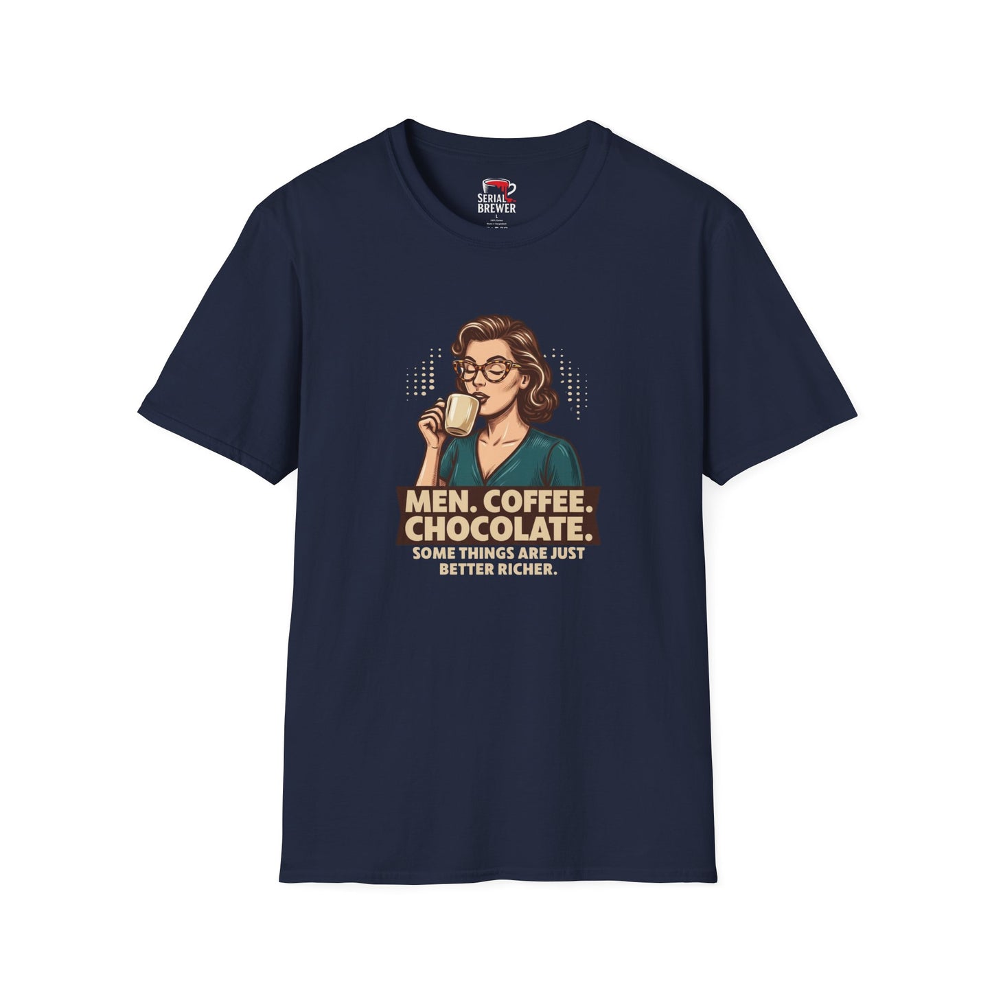 T-Shirt — Vintage Woman Sipping Coffee Graphic “Men. Coffee. Chocolate.” Retro Tee