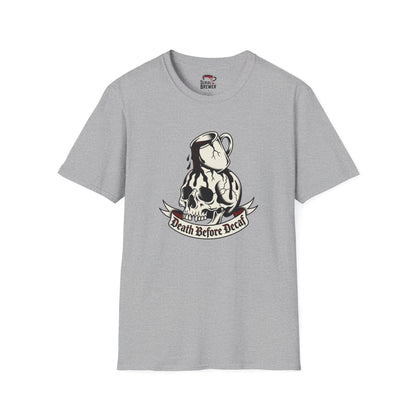 Skull Coffee Tee — "Death Before Decaf" Graphic T-Shirt
