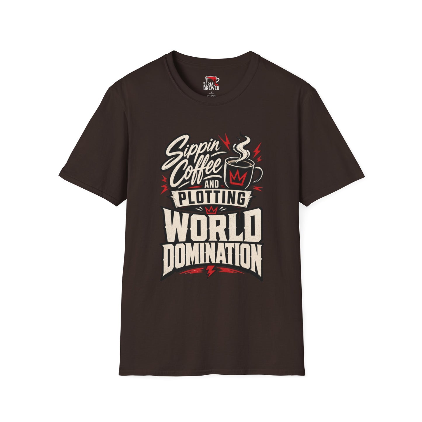 Sippin' Coffee and Plotting T-Shirt — Funny Coffee Lover Tee for World Domination