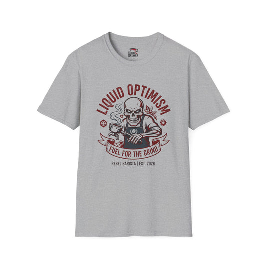 T-Shirt — "Liquid Optimism" Coffee Skull Graphic Tee