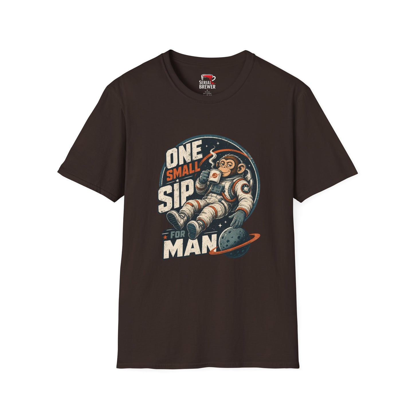 One Small Sip For Man T-Shirt — Retro Astronaut Monkey Coffee Tee