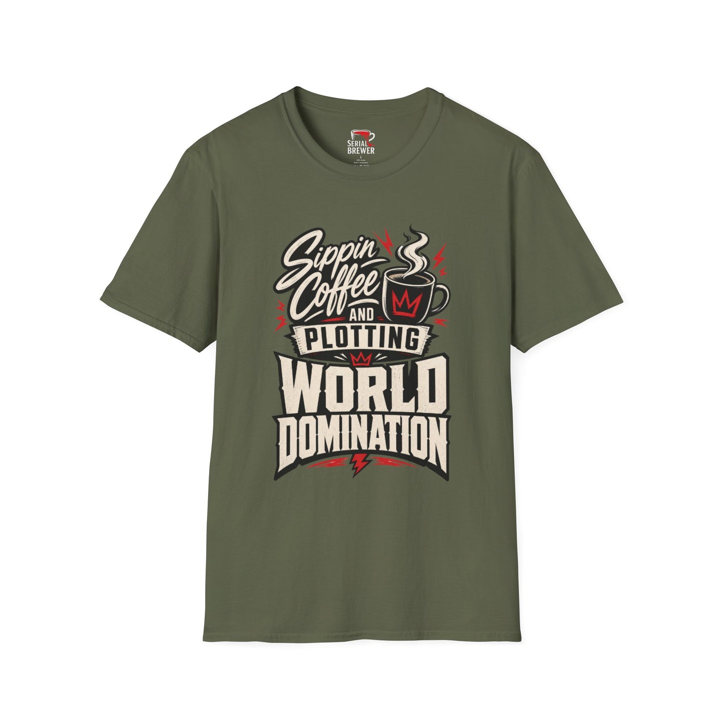 Sippin' Coffee and Plotting T-Shirt — Funny Coffee Lover Tee for World Domination