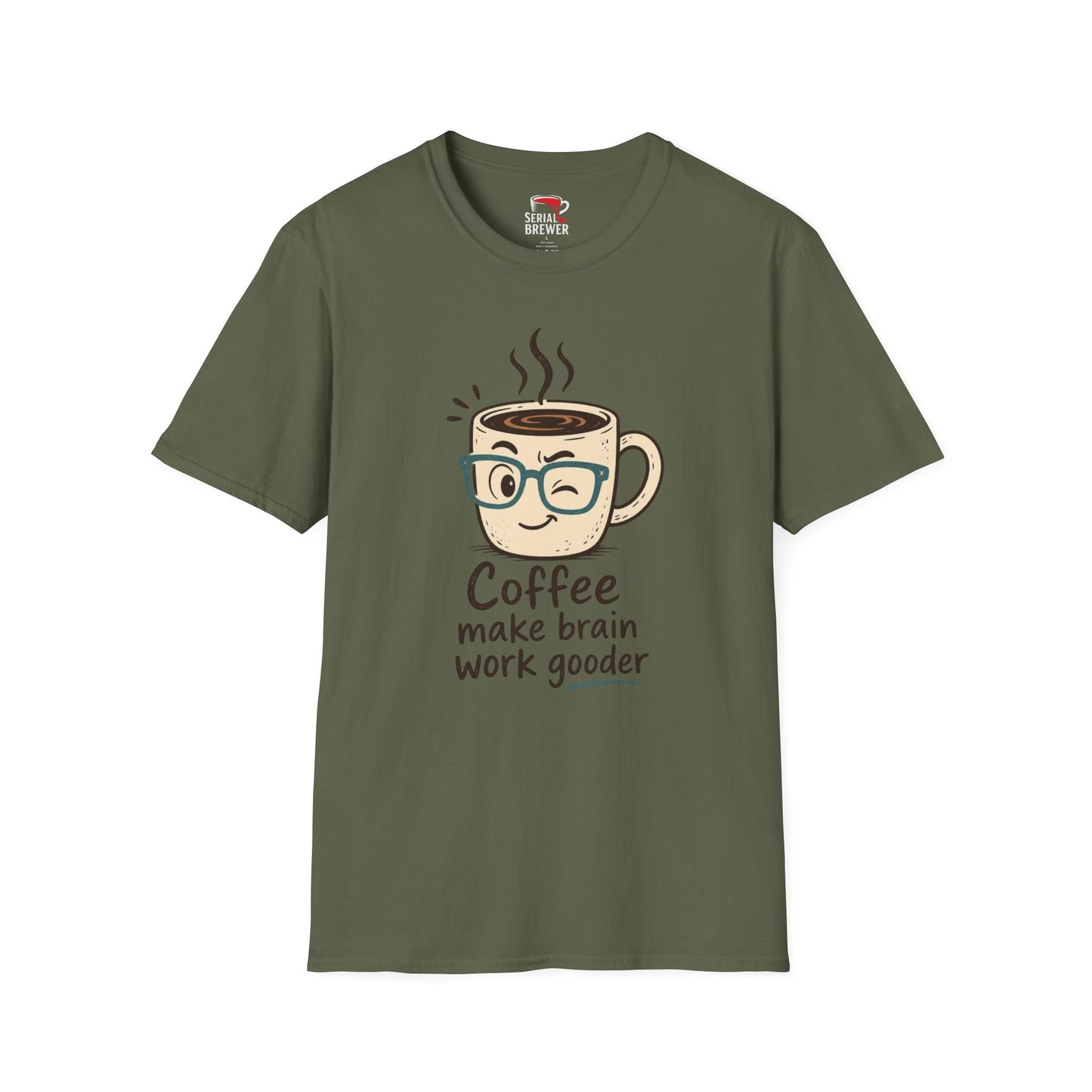Coffee Tee — "Coffee Make Brain Work Gooder" Cute Winking Mug Graphic T-Shirt
