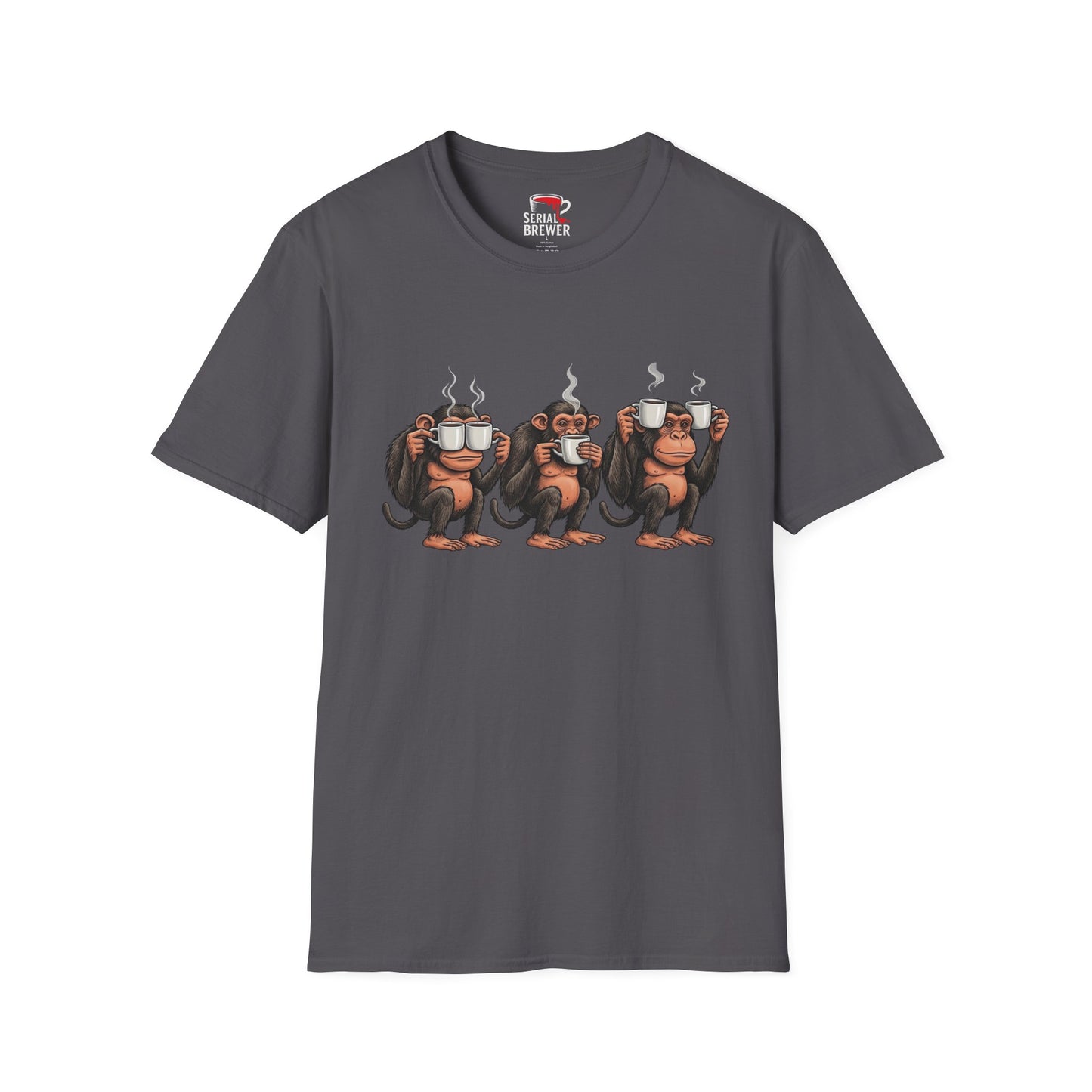 Coffee Monkeys T-Shirt — Funny Three Monkeys Holding Steaming Mugs Graphic Tee