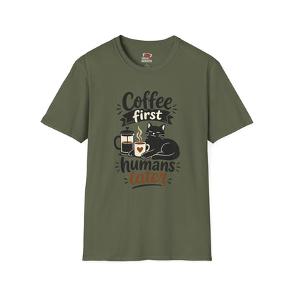 Coffee First T-Shirt — “Coffee First, Humans Later” Cute Cat Coffee Tee