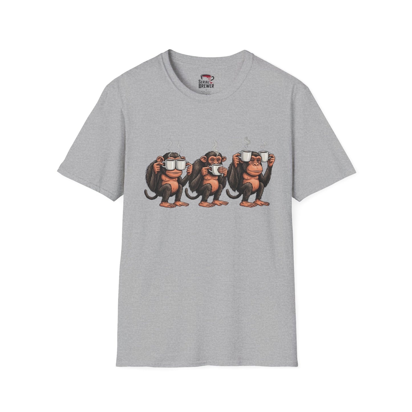 Coffee Monkeys T-Shirt — Funny Three Monkeys Holding Steaming Mugs Graphic Tee