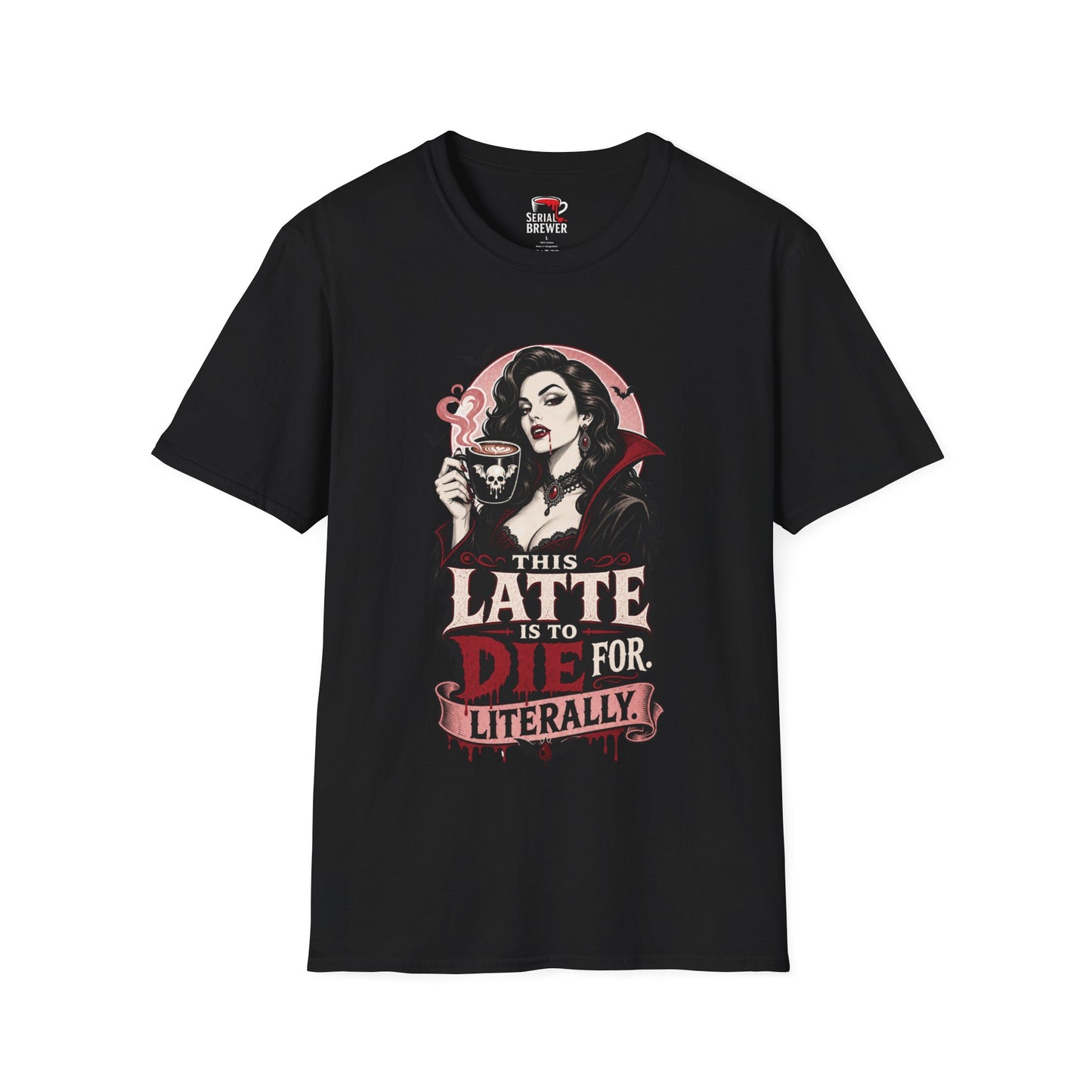 Goth Vampire Coffee T-Shirt — "This Latte Is To Die For, Literally"