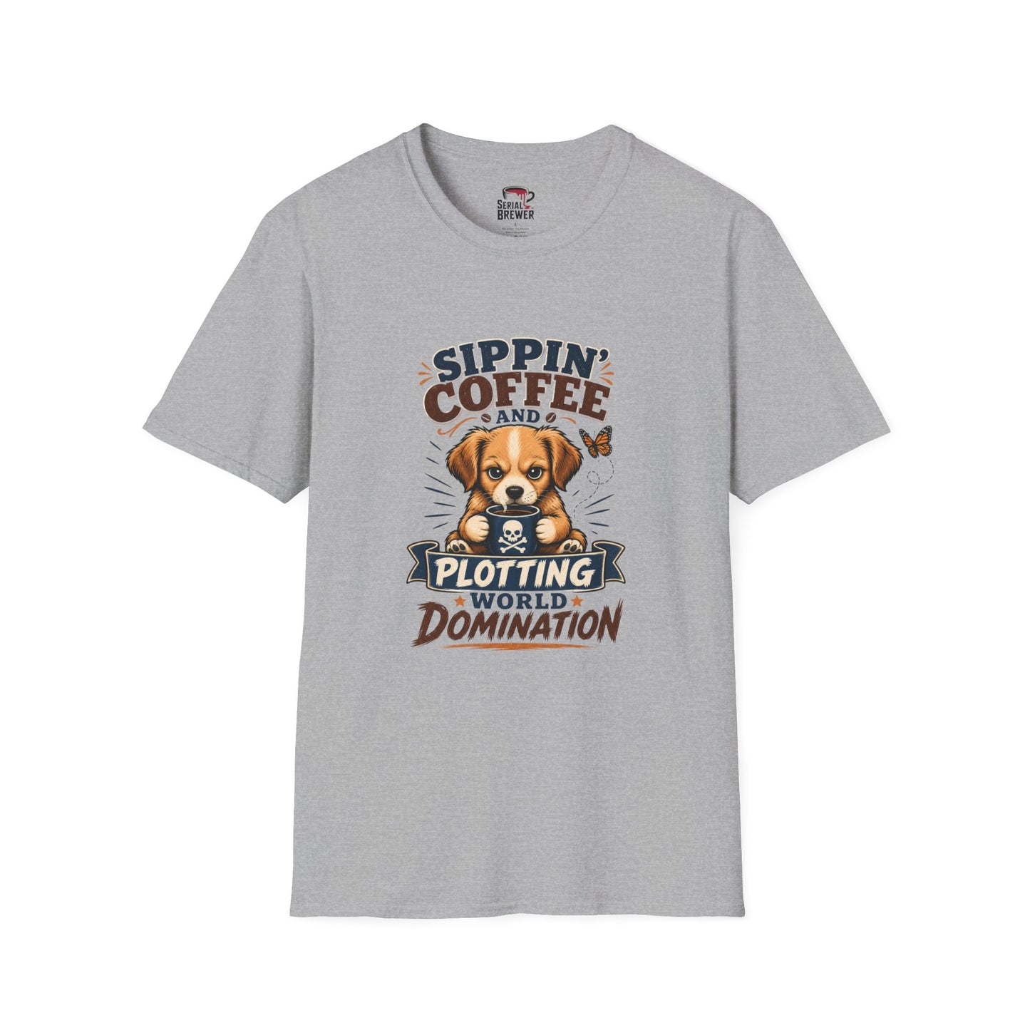 Coffee & Cute Puppy T-Shirt — “Sippin' Coffee and Plotting World Domination” Graphic Tee