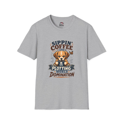 Coffee & Cute Puppy T-Shirt — “Sippin' Coffee and Plotting World Domination” Graphic Tee