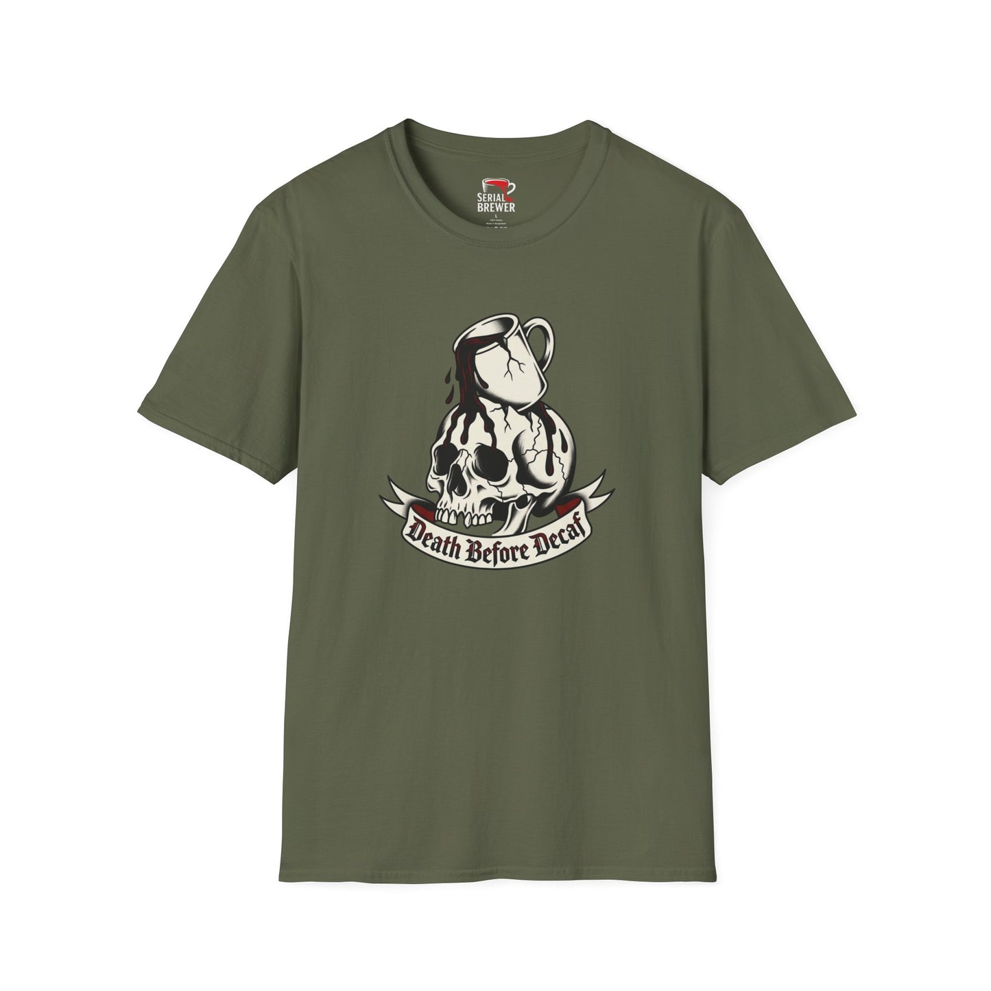 Skull Coffee Tee — "Death Before Decaf" Graphic T-Shirt