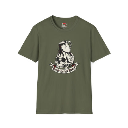 Skull Coffee Tee — "Death Before Decaf" Graphic T-Shirt