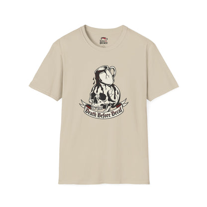 Skull Coffee Tee — "Death Before Decaf" Graphic T-Shirt