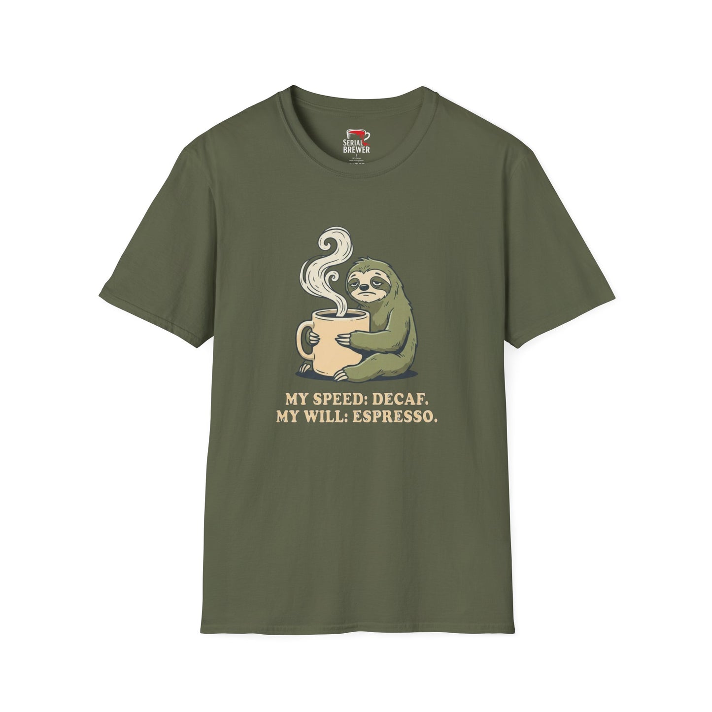 Coffee Sloth T-Shirt — “My Speed: Decaf, My Will: Espresso” Cute Relaxed Tee