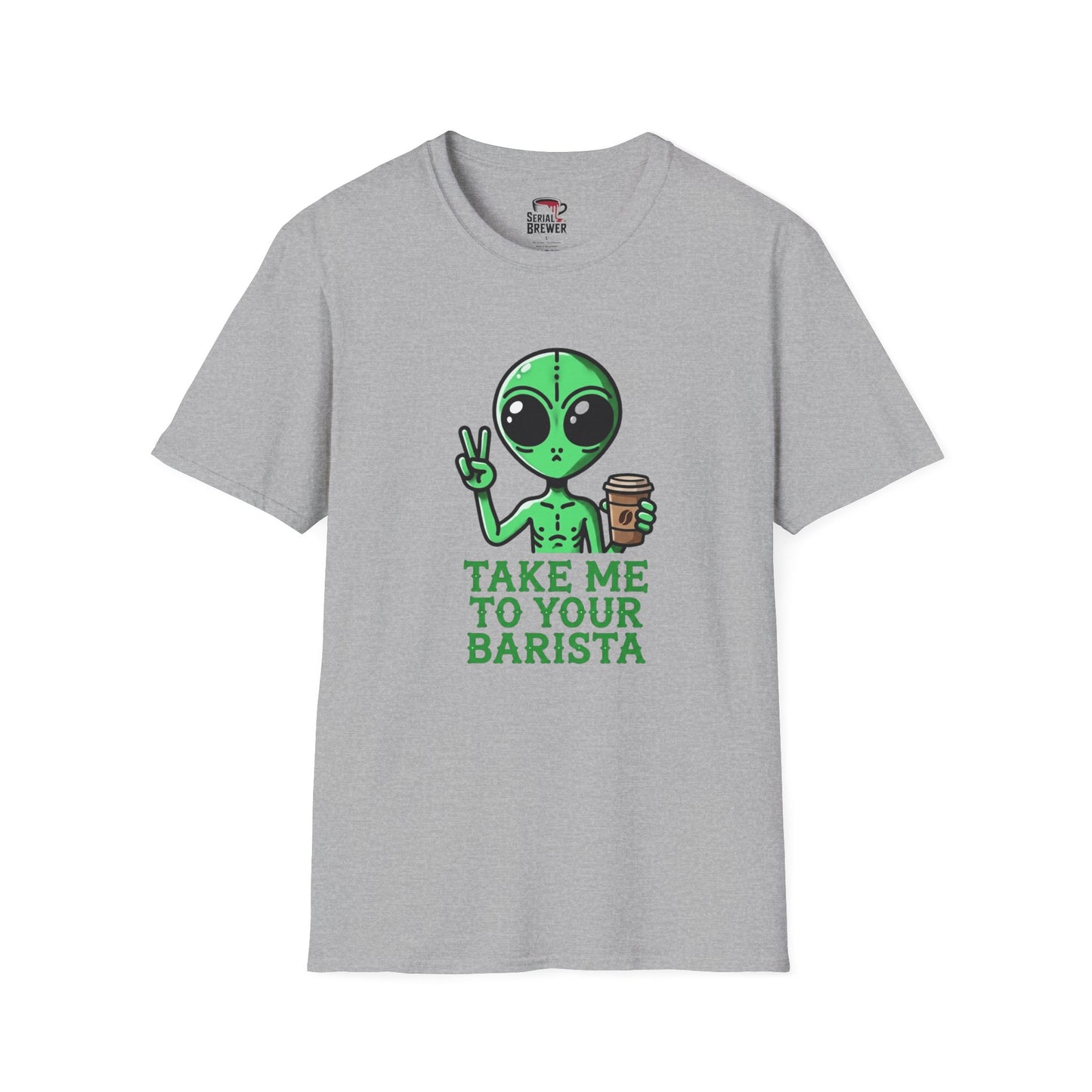 Alien Peace Sign Coffee T-Shirt — "Take Me To Your Barista" Graphic Tee