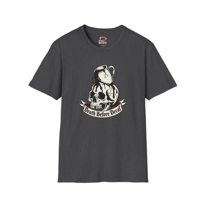 Skull Coffee Tee — "Death Before Decaf" Graphic T-Shirt