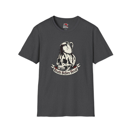 Skull Coffee Tee — "Death Before Decaf" Graphic T-Shirt