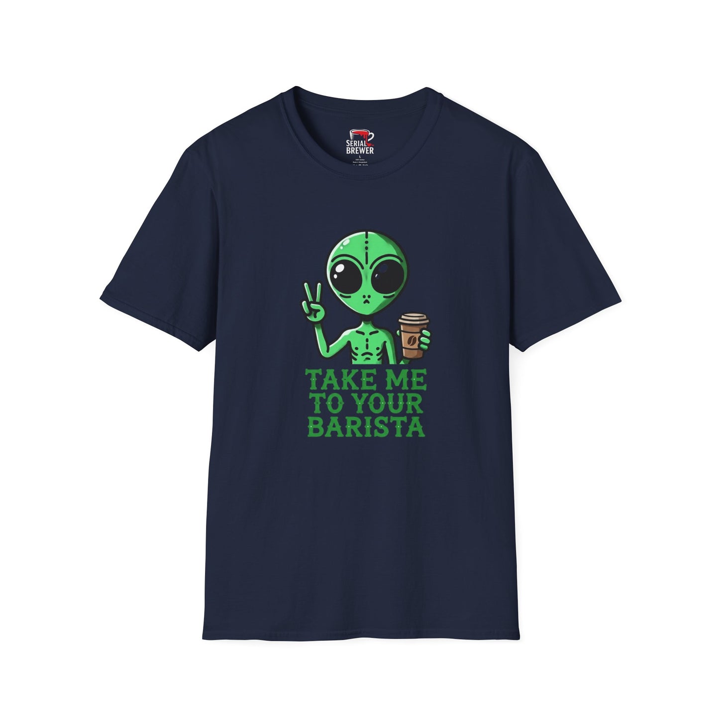 Alien Peace Sign Coffee T-Shirt — "Take Me To Your Barista" Graphic Tee