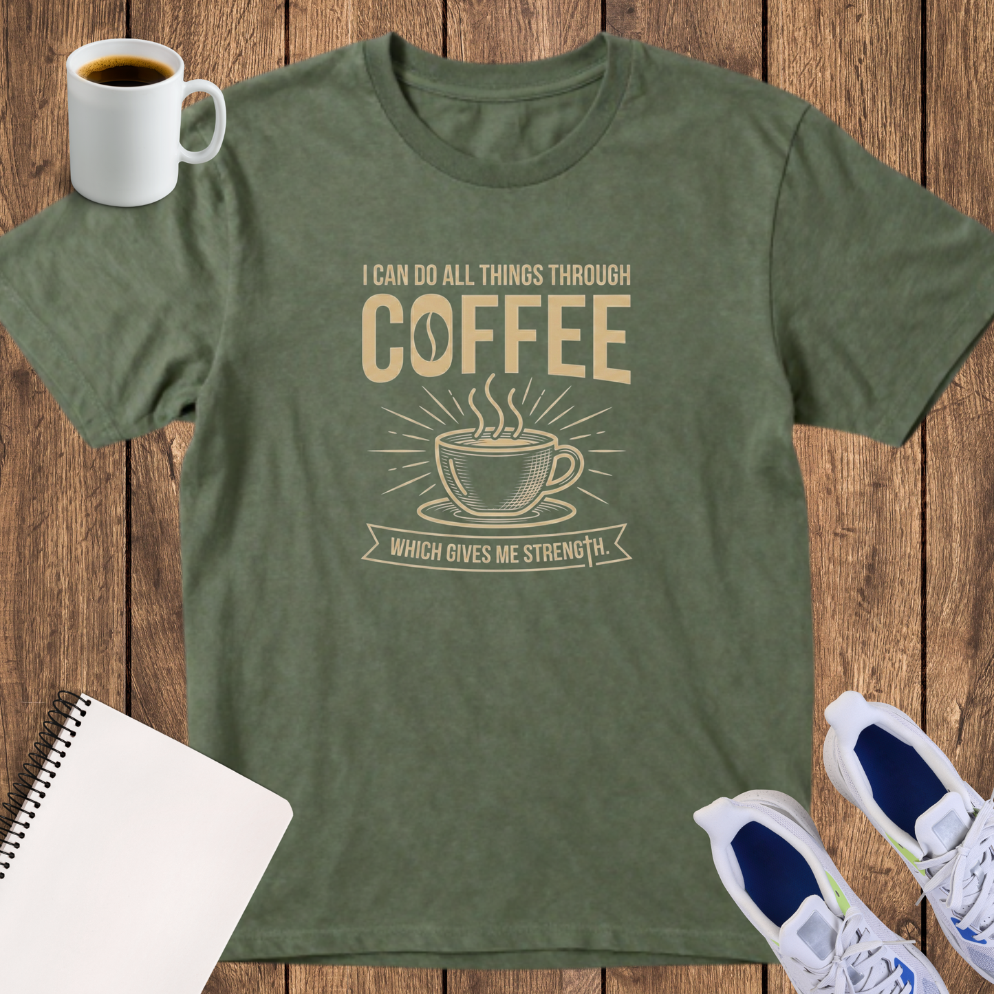 Coffee T‑Shirt — “I Can Do All Things Through Coffee” Vintage Coffee Lover Tee