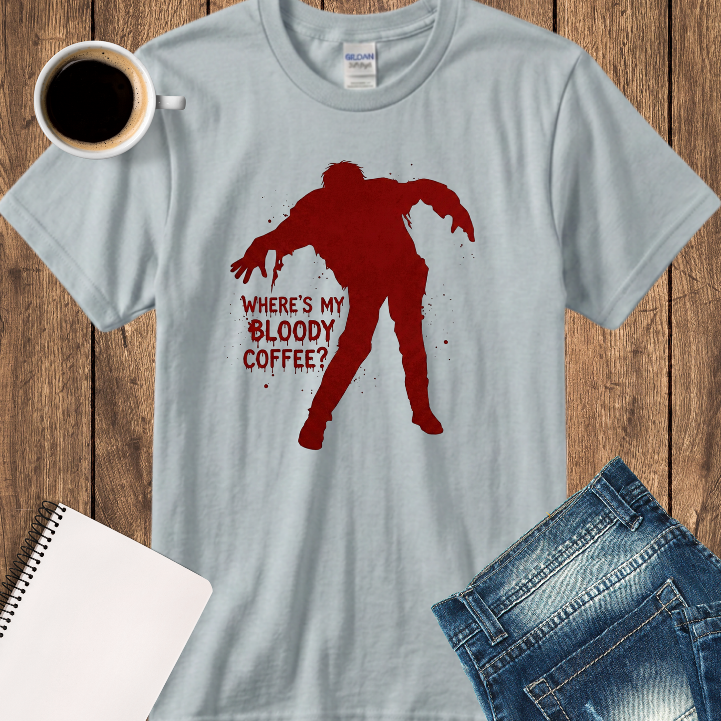 Zombie Silhouette T‑Shirt — “Where’s My Bloody Coffee?” Funny Horror Graphic Tee