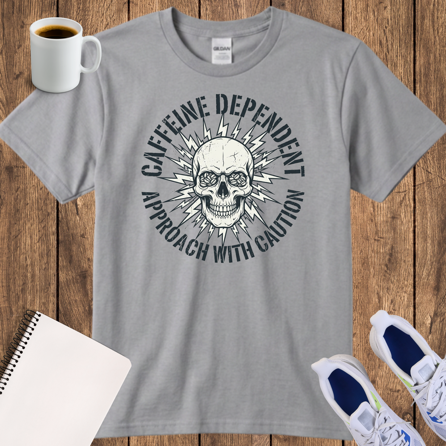 Caffeine Dependent Skull T-Shirt — 'Approach With Caution' Graphic Tee