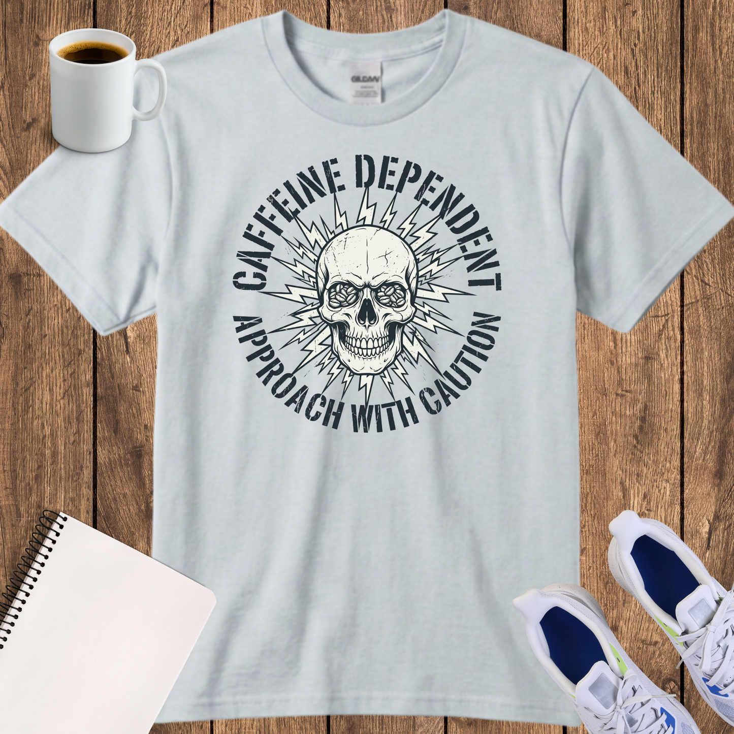 Caffeine Dependent Skull T-Shirt — 'Approach With Caution' Graphic Tee