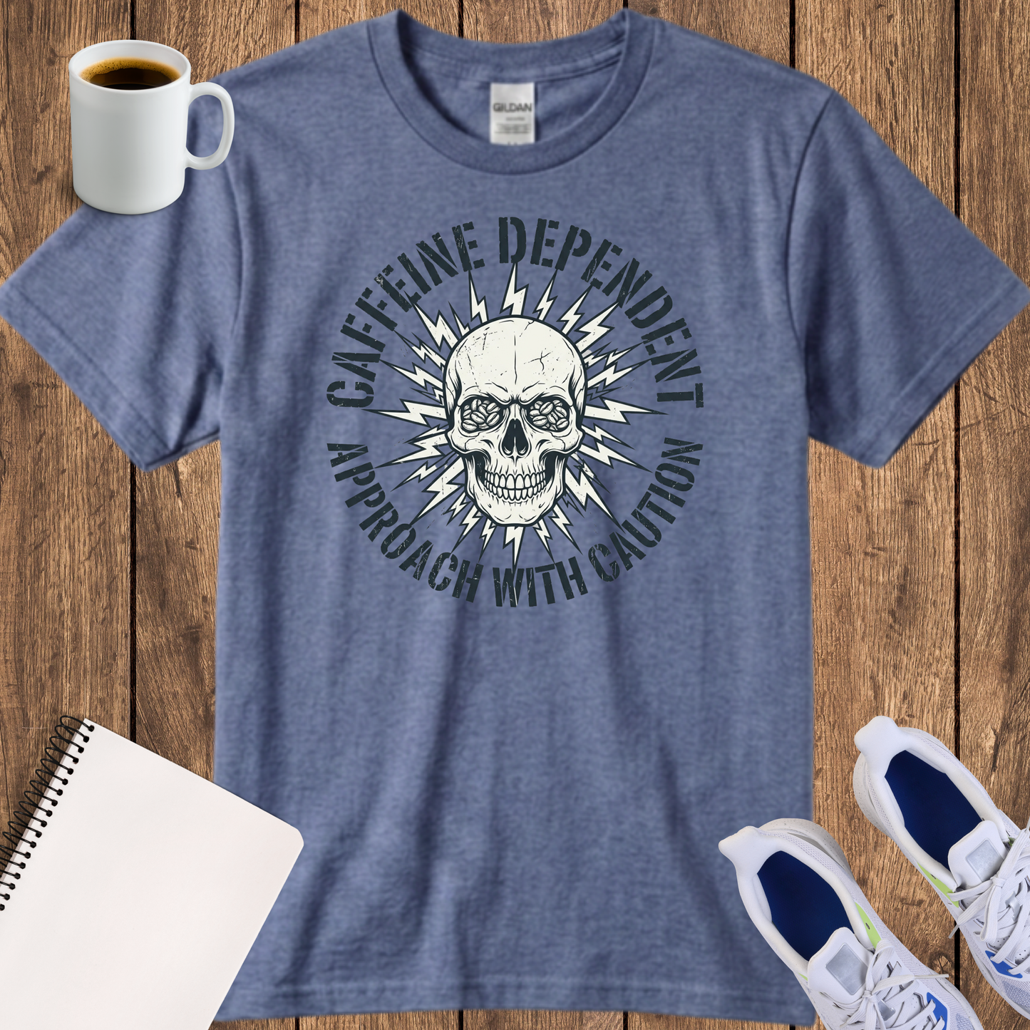 Caffeine Dependent Skull T-Shirt — 'Approach With Caution' Graphic Tee