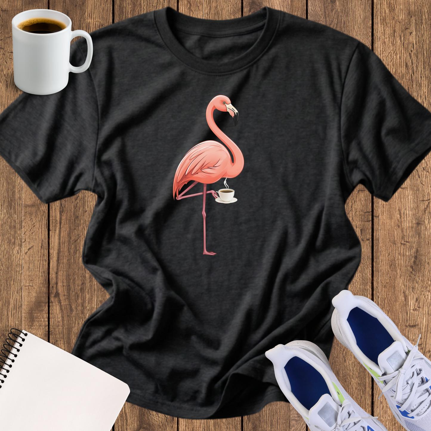 flamingo drinking coffee