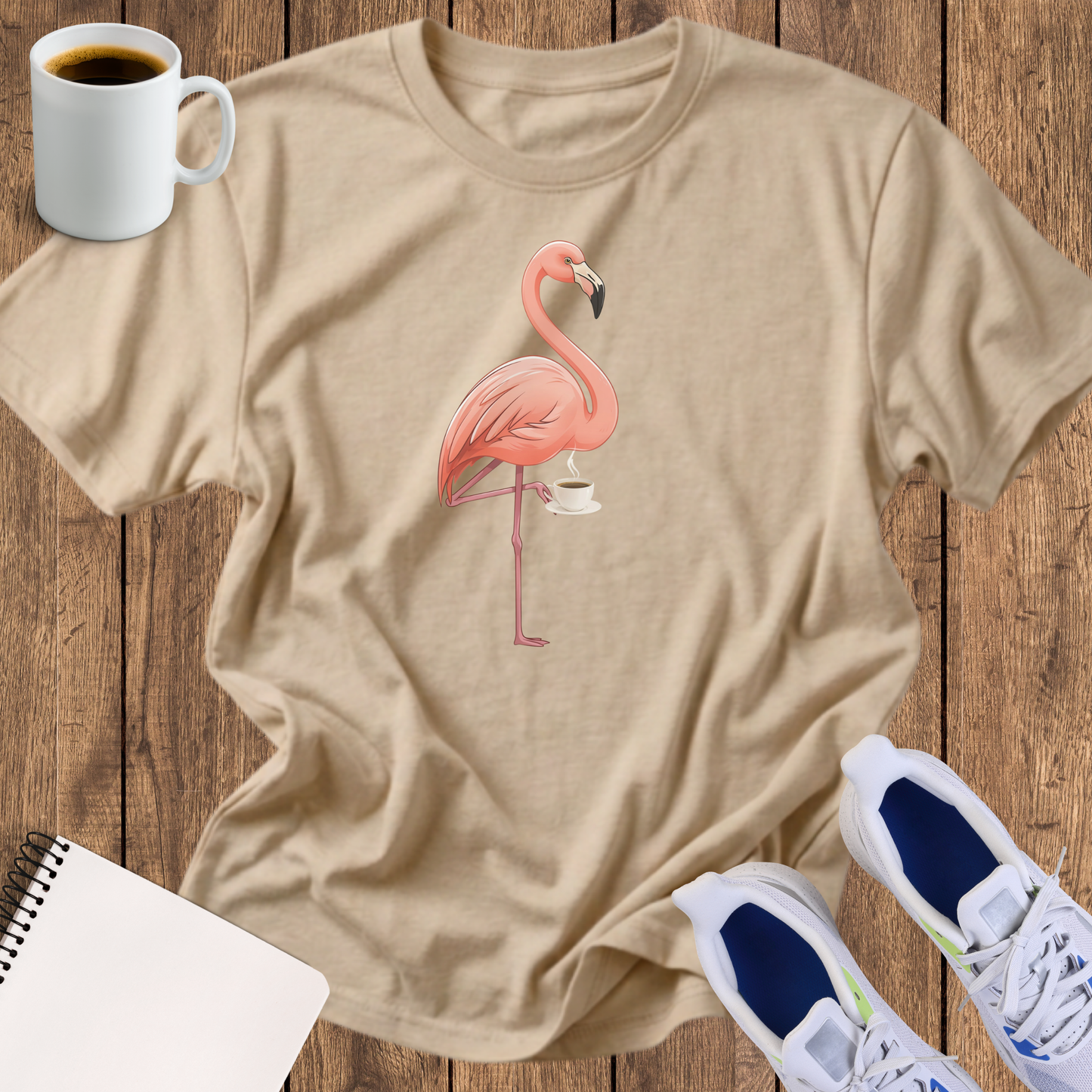 flamingo drinking coffee