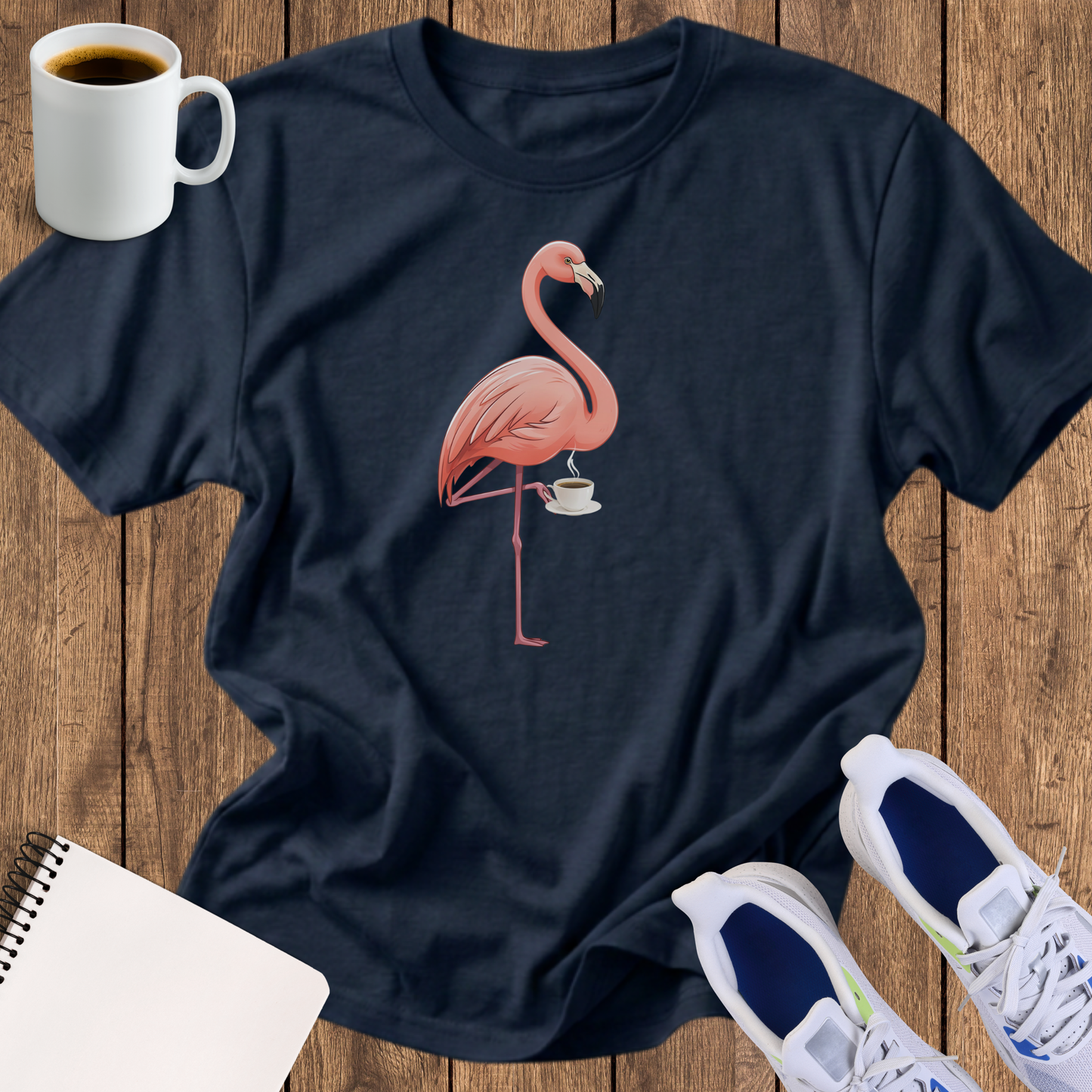 flamingo drinking coffee