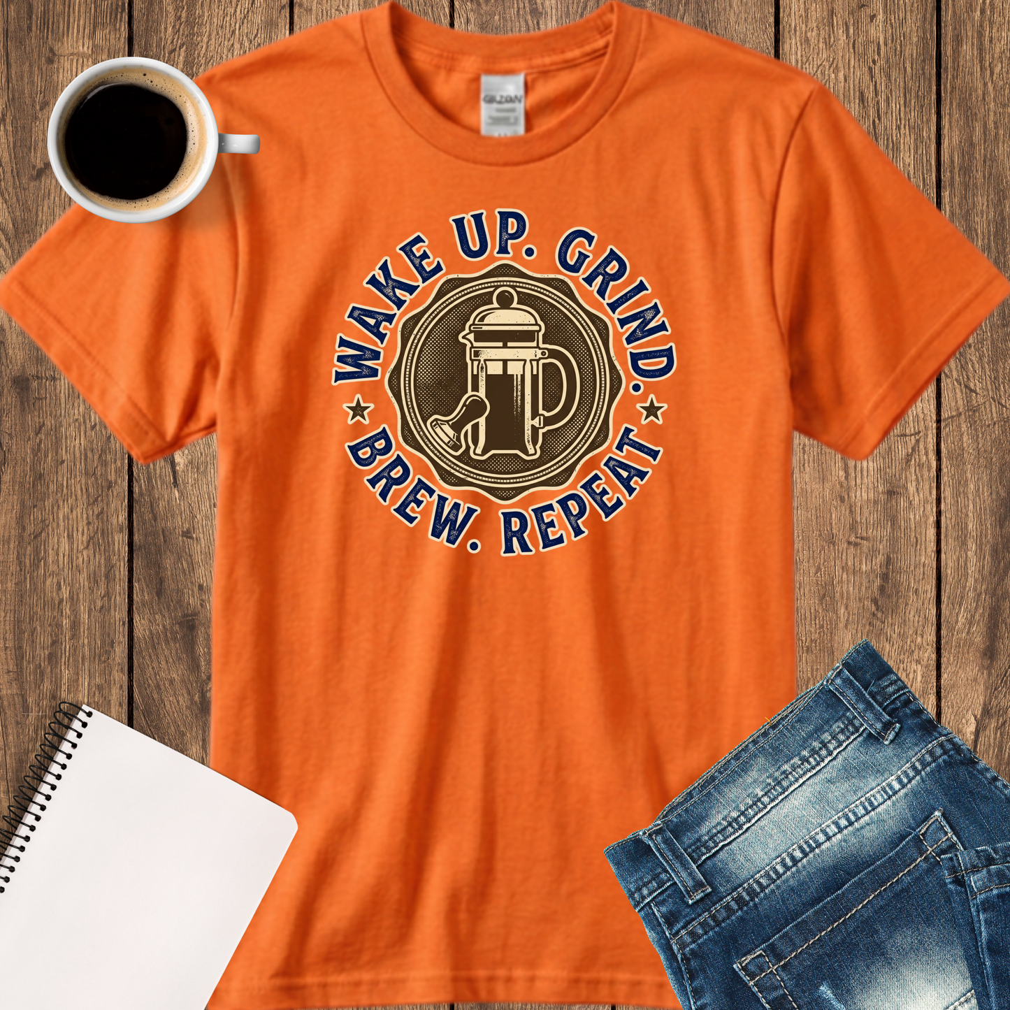 Wake Up. Grind. Brew. Repeat. T‑Shirt — Retro Coffee Lover Tee