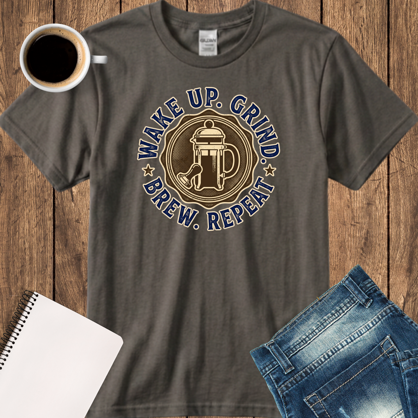 Wake Up. Grind. Brew. Repeat. T‑Shirt — Retro Coffee Lover Tee
